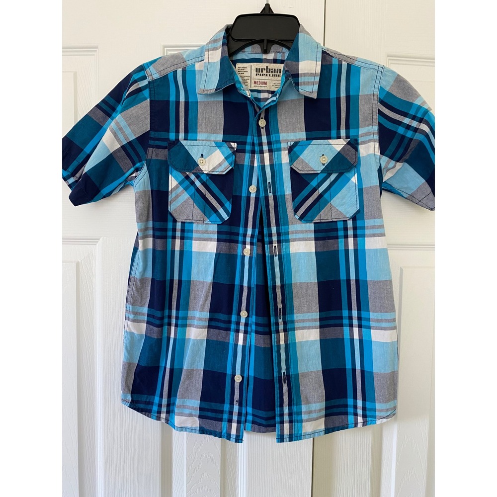 Urban Pipeline Plaid Button Down Kids Medium Blue Short Sleeve School Casual